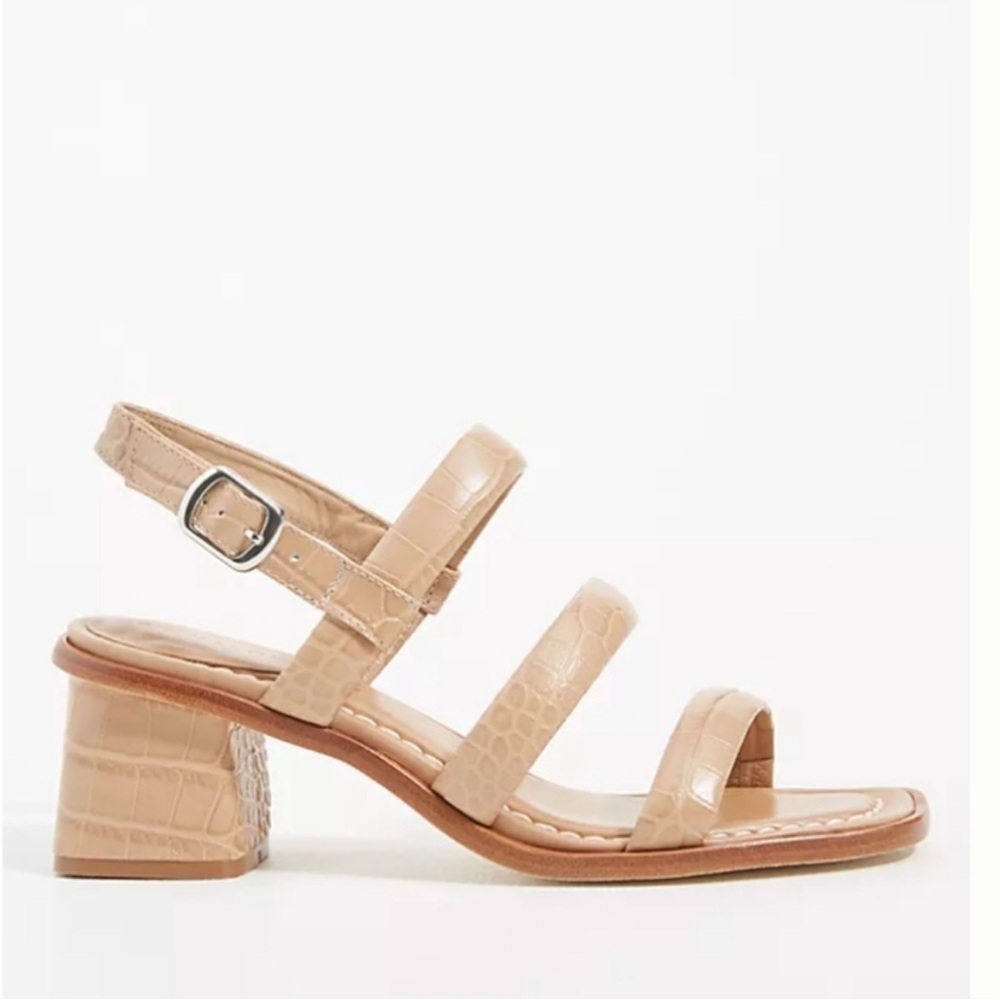 Bernardo Beige Croc-Embossed Low Block Heel Sandals